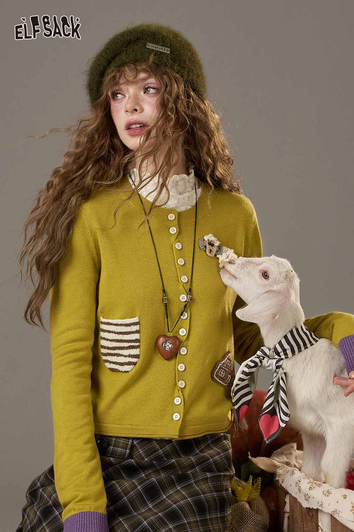 ELFSACK Soft Sheep Pattern Zebra Print Decoration Round Neck Knit Sweater
