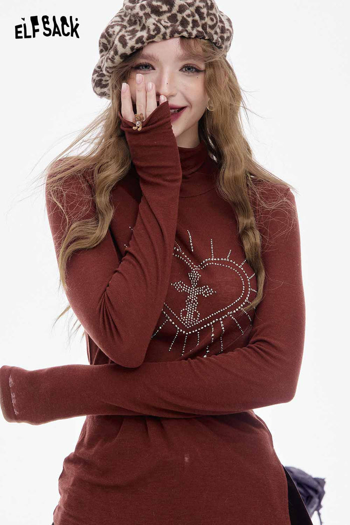 ELFSACK Soft Slimming High Neck Asymmetric Hem Long Sleeves Tshirt