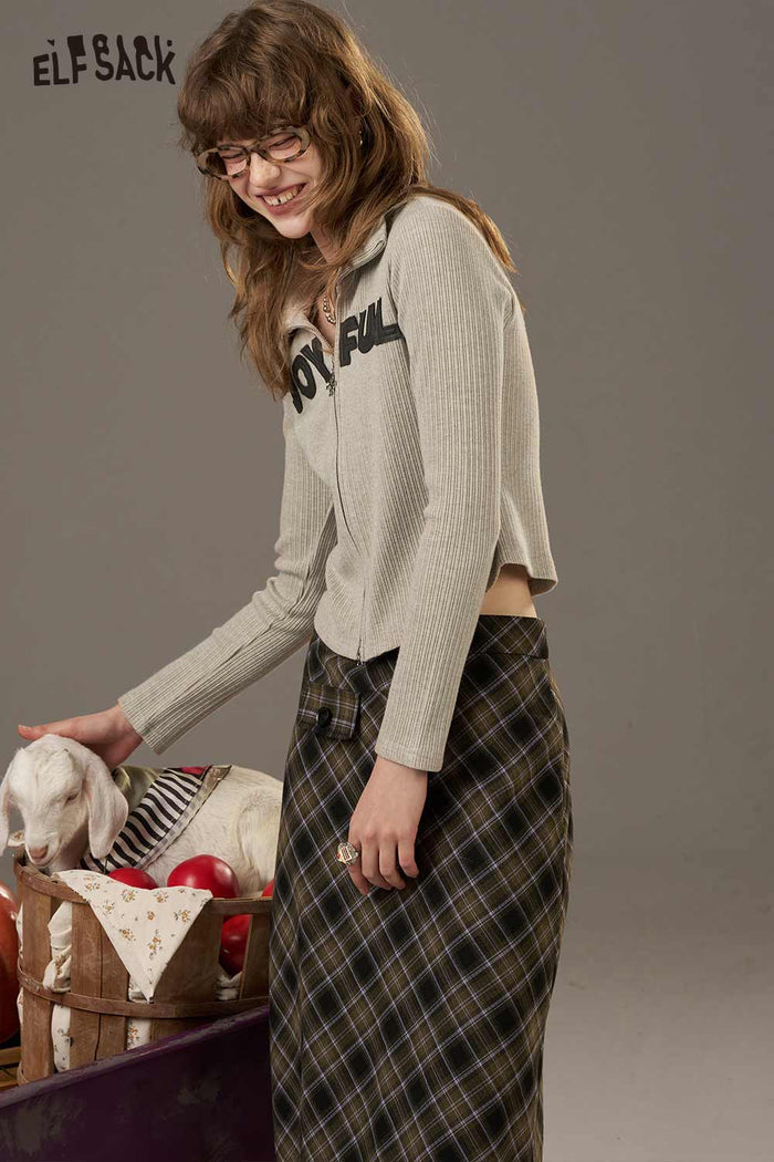 ELFSACK Soft Slimmming Letter Pattern With Zipper Long Sleeves Shirt