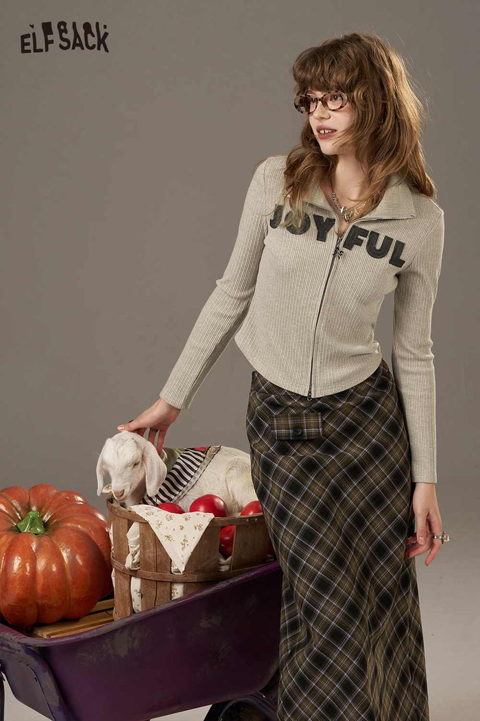 ELFSACK Soft Slimmming Letter Pattern With Zipper Long Sleeves Shirt