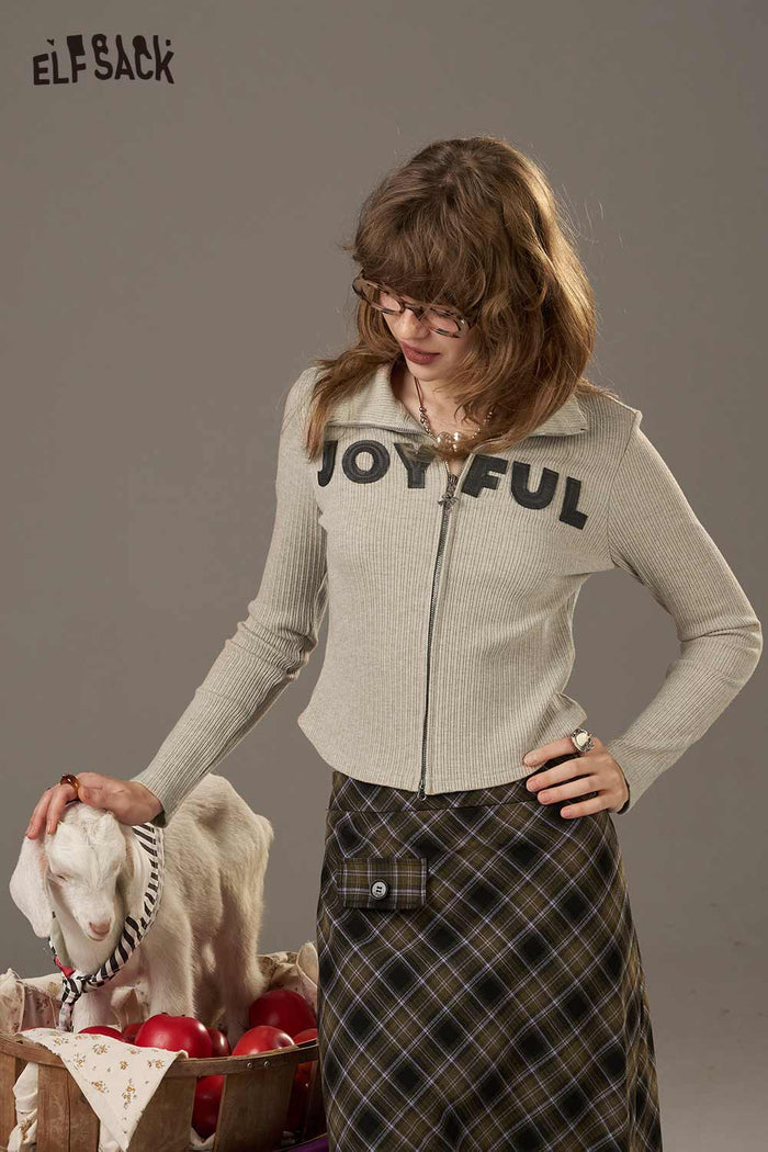 ELFSACK Soft Slimmming Letter Pattern With Zipper Long Sleeves Shirt