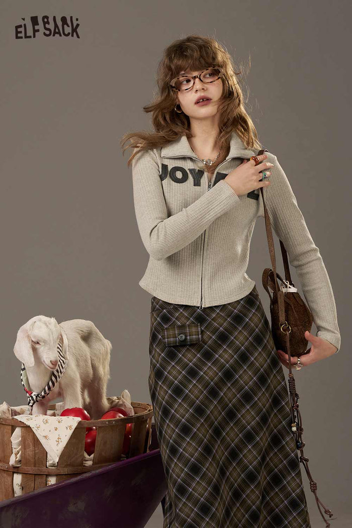 ELFSACK Soft Slimmming Letter Pattern With Zipper Long Sleeves Shirt