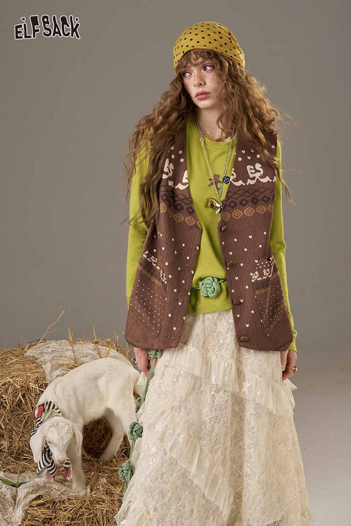 ELFSACK Soft Small Area Chest Print Long Sleeved Round Neck Loose Shirt