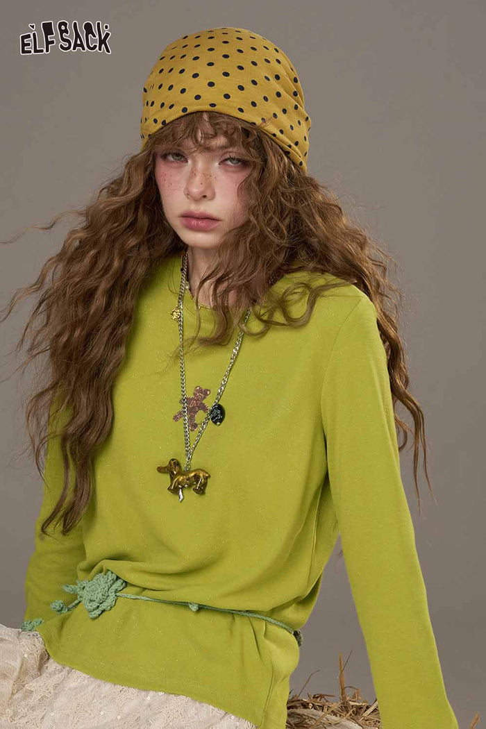 ELFSACK Soft Small Area Chest Print Long Sleeved Round Neck Loose Shirt