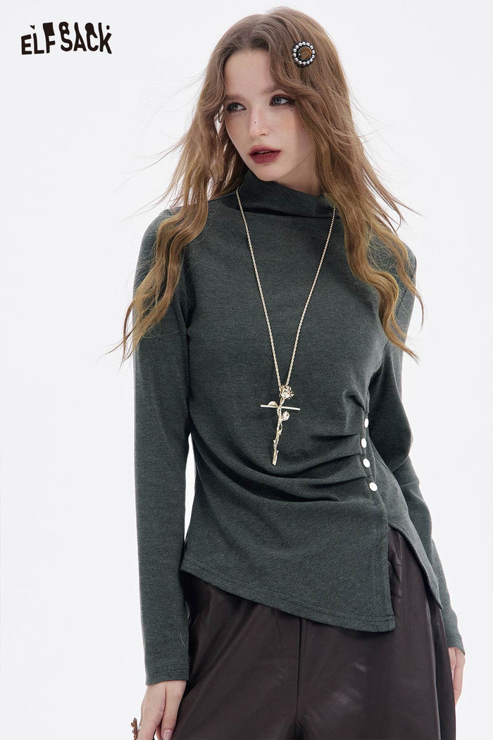ELFSACK Soft Solid Asymmetric Hem Button Slim Fit Long Sleeve Tshirt
