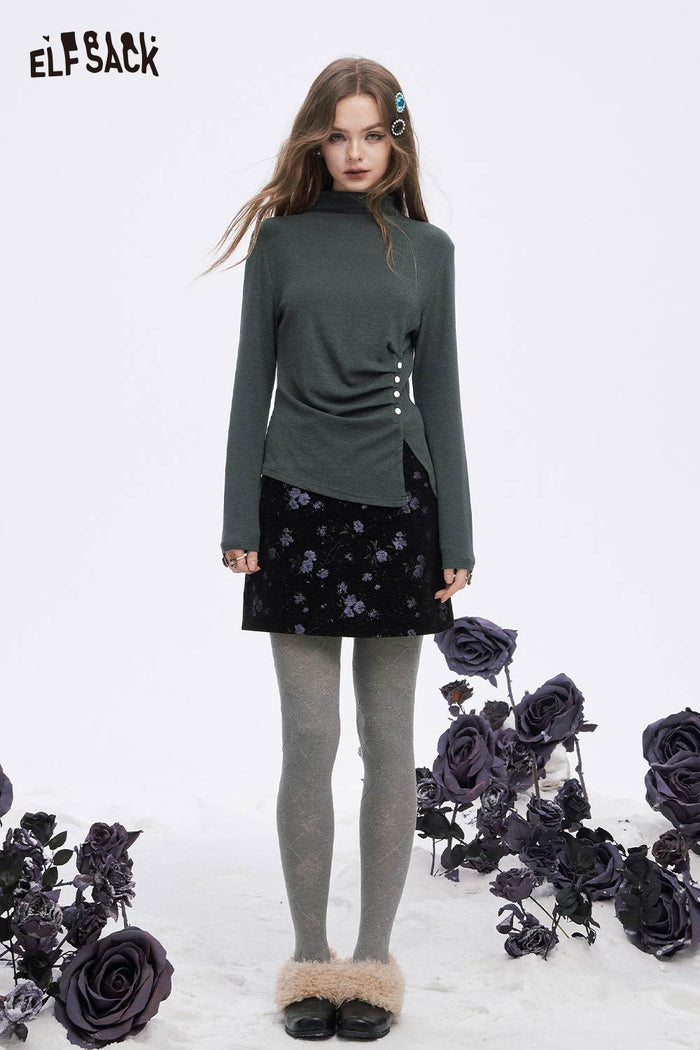 ELFSACK Soft Solid Asymmetric Hem Button Slim Fit Long Sleeve Tshirt