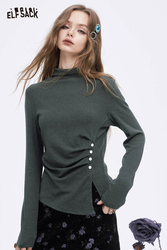 ELFSACK Soft Solid Asymmetric Hem Button Slim Fit Long Sleeve Tshirt