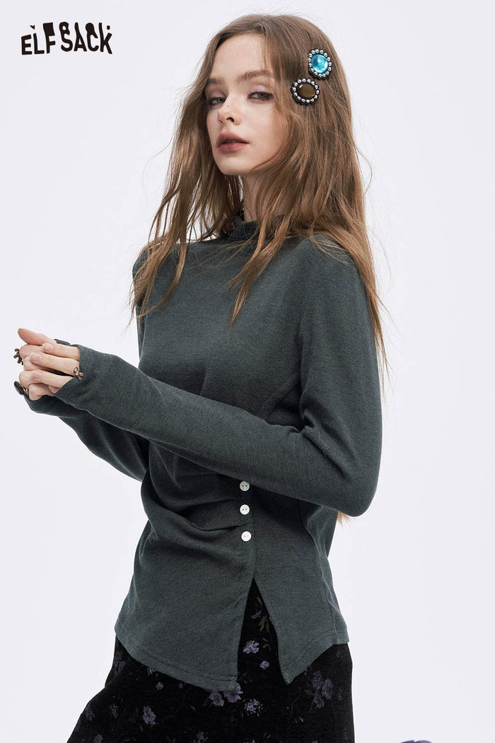 ELFSACK Soft Solid Asymmetric Hem Button Slim Fit Long Sleeve Tshirt