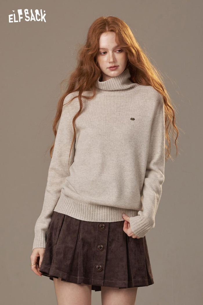 ELFSACK Soft Solid Color High Neck Knit Sweater