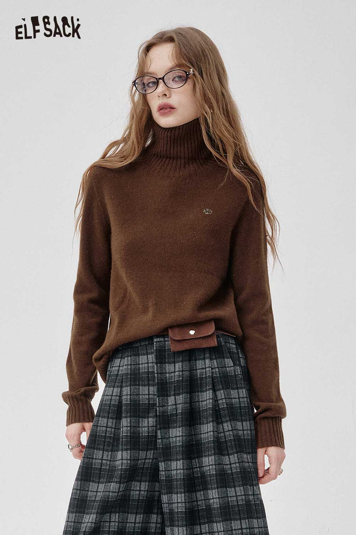 ELFSACK Soft Solid Color High Neck Knit Sweater