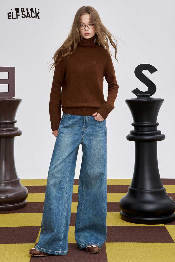 ELFSACK Soft Solid Color High Neck Knit Sweater