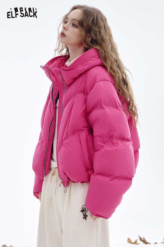 ELFSACK Soft Solid Color Hooded Short Down Jacket