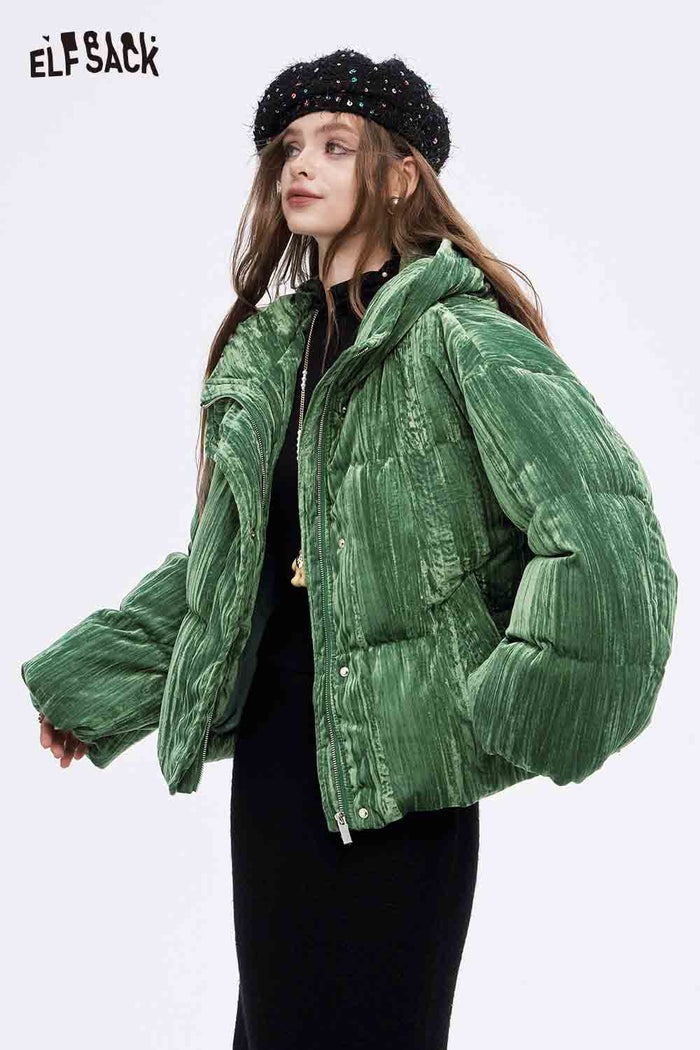 ELFSACK Soft Solid Color Velvet Stand Collar Puffer Jacket