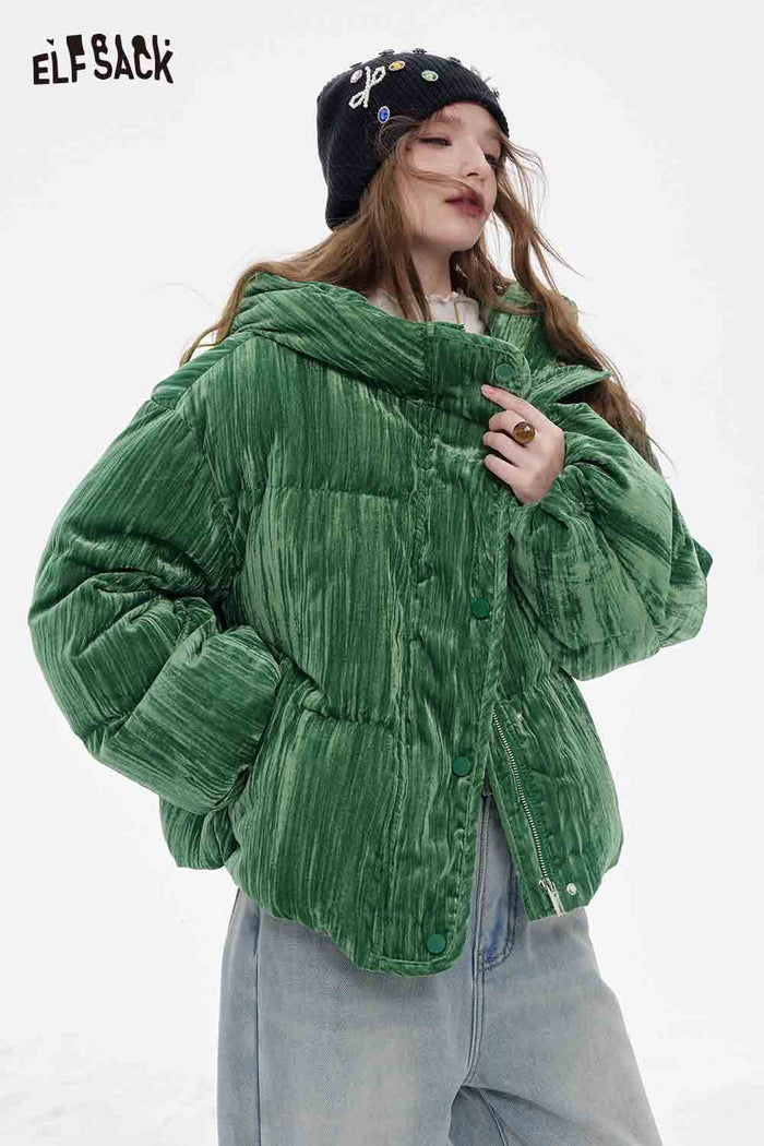 ELFSACK Soft Solid Color Velvet Stand Collar Puffer Jacket
