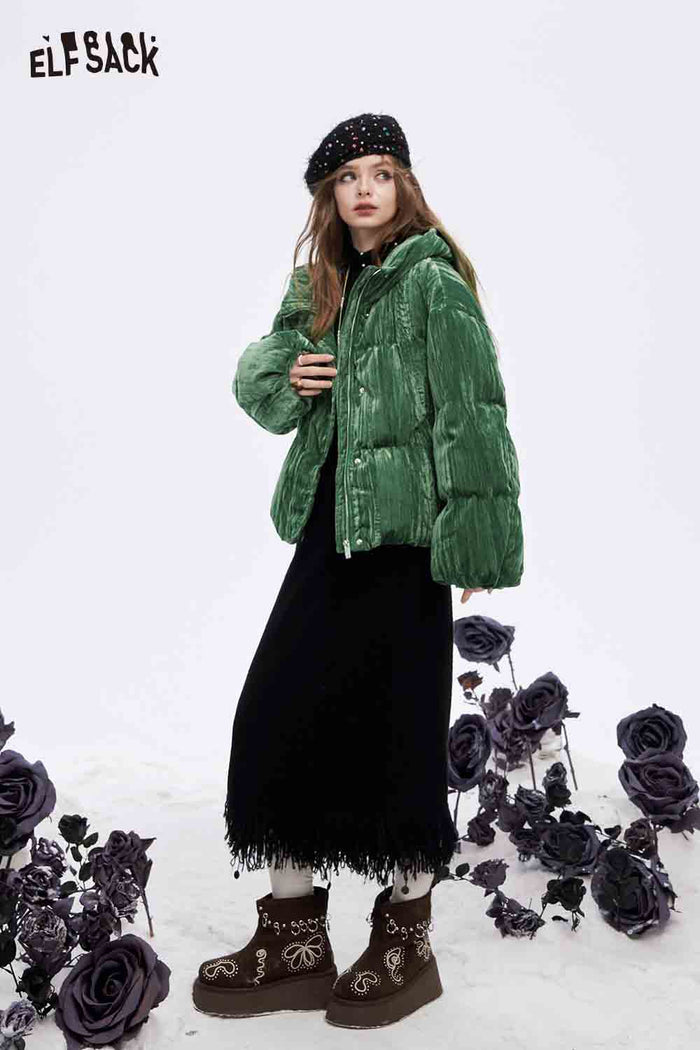 ELFSACK Soft Solid Color Velvet Stand Collar Puffer Jacket