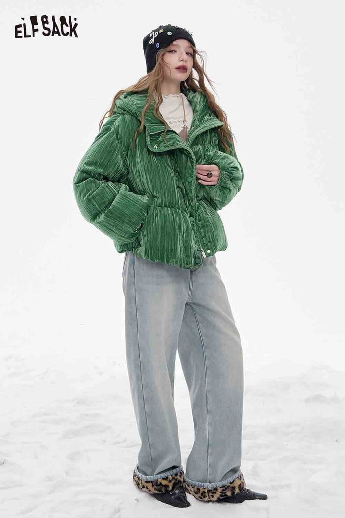 ELFSACK Soft Solid Color Velvet Stand Collar Puffer Jacket