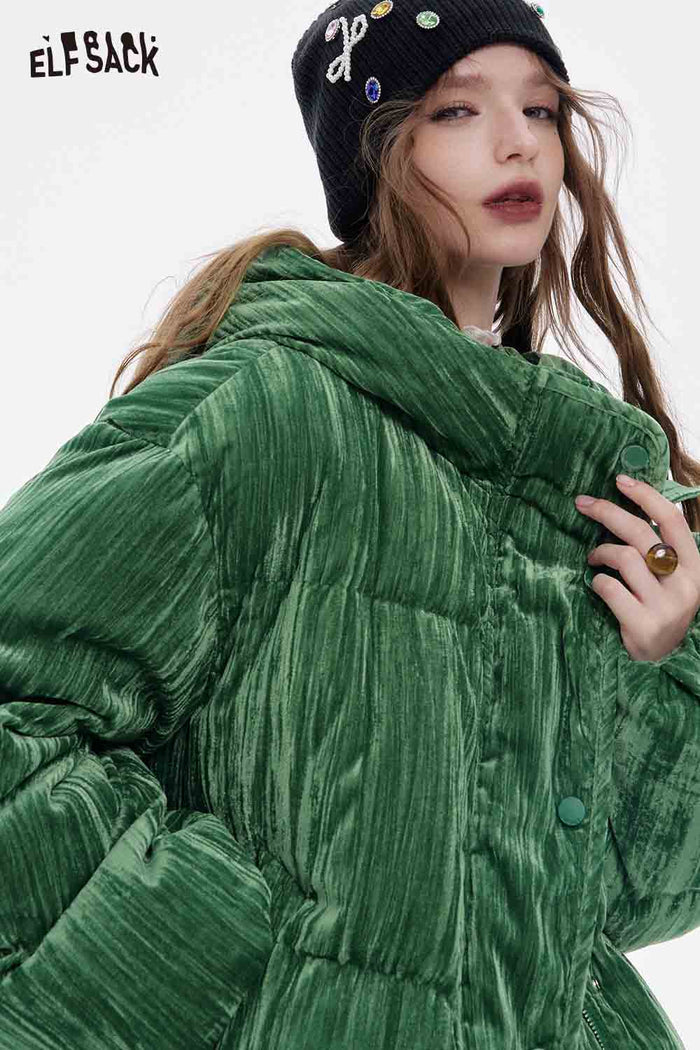 ELFSACK Soft Solid Color Velvet Stand Collar Puffer Jacket