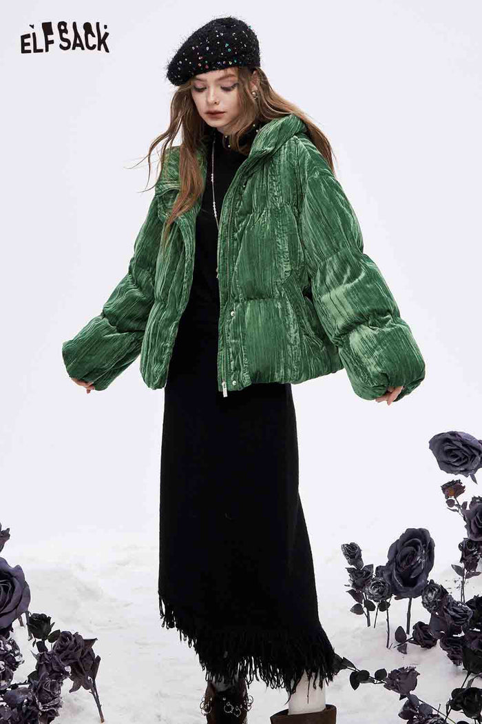 ELFSACK Soft Solid Color Velvet Stand Collar Puffer Jacket
