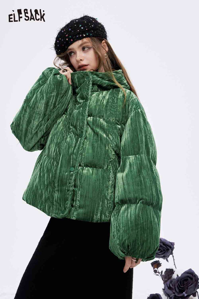 ELFSACK Soft Solid Color Velvet Stand Collar Puffer Jacket