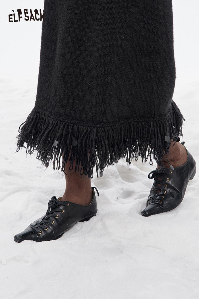 ELFSACK Soft Solid Fringe Hem A Line Long Half Skirt