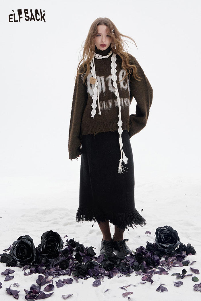 ELFSACK Soft Solid Fringe Hem A Line Long Half Skirt