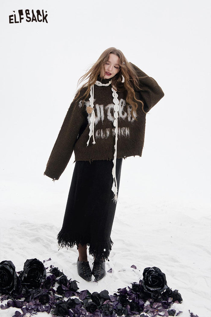 ELFSACK Soft Solid Fringe Hem A Line Long Half Skirt