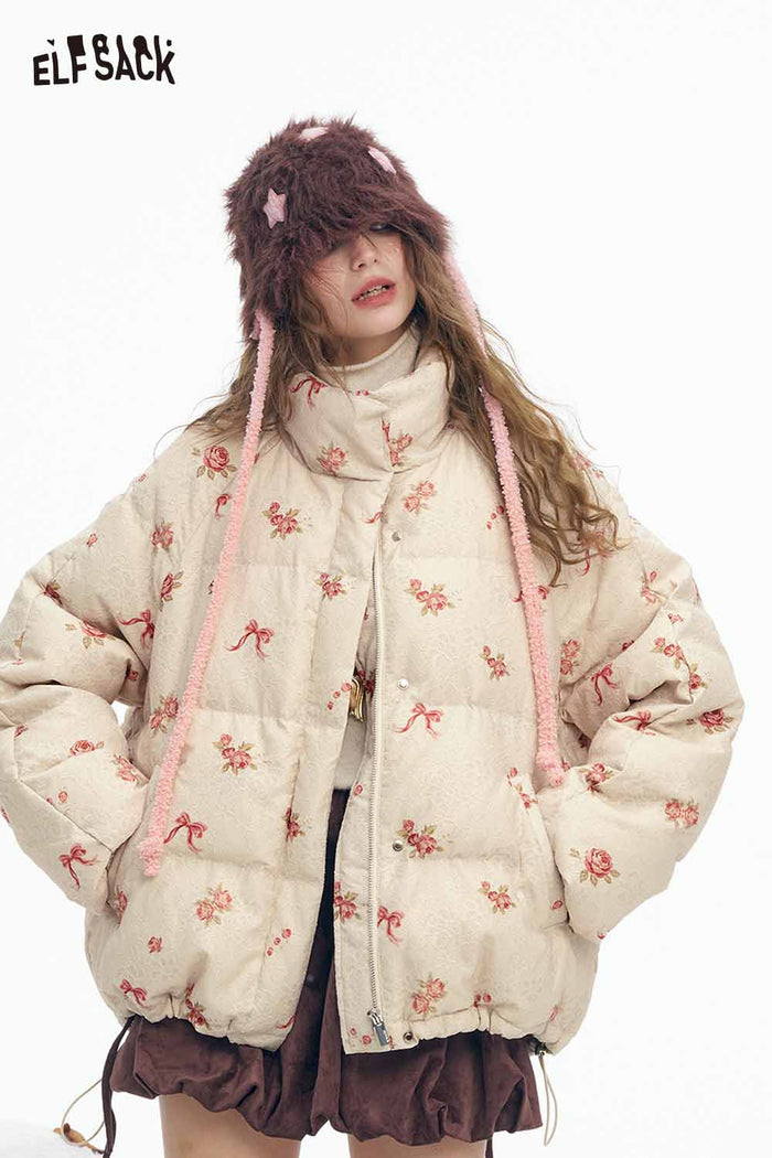 ELFSACK Soft Solid Graphic Half High Stand Collar Down Jacket