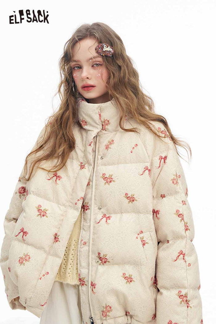 ELFSACK Soft Solid Graphic Half High Stand Collar Down Jacket