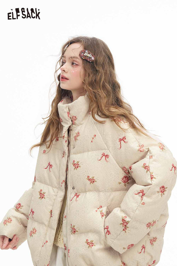 ELFSACK Soft Solid Graphic Half High Stand Collar Down Jacket