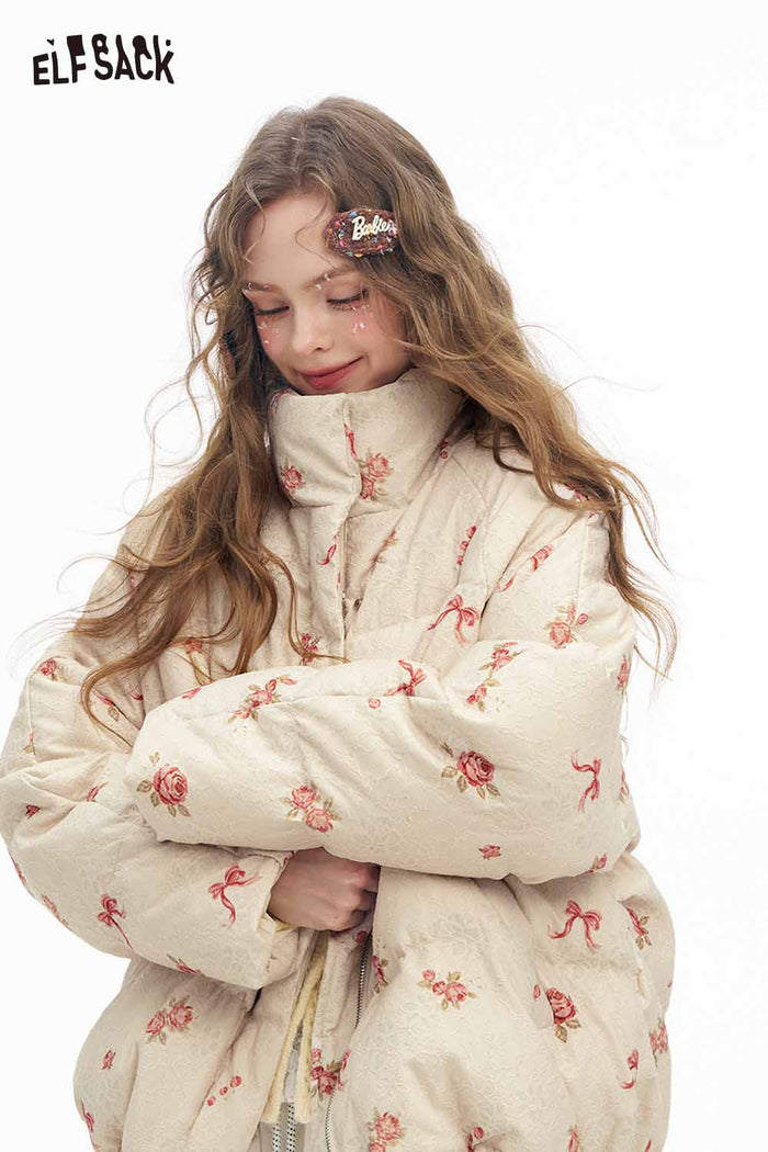 ELFSACK Soft Solid Graphic Half High Stand Collar Down Jacket