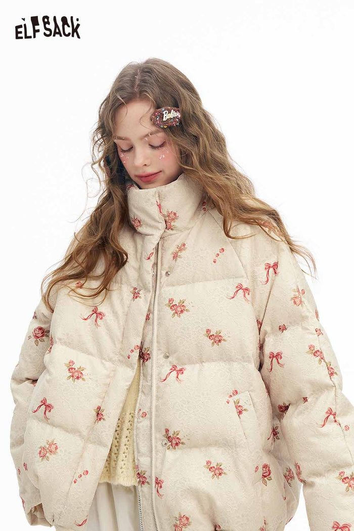 ELFSACK Soft Solid Graphic Half High Stand Collar Down Jacket