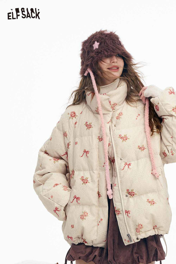 ELFSACK Soft Solid Graphic Half High Stand Collar Down Jacket