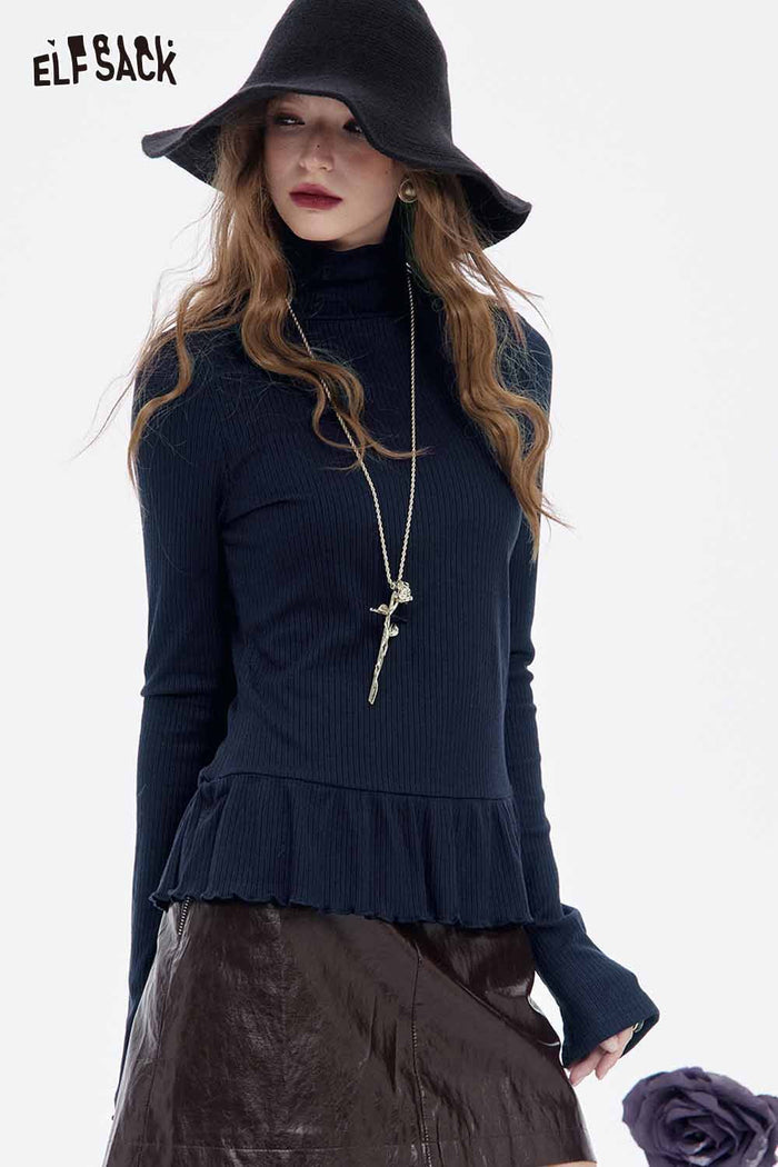 ELFSACK Soft Solid High Neck Asymmetric Flounce Hem Long Sleeve Tshirt