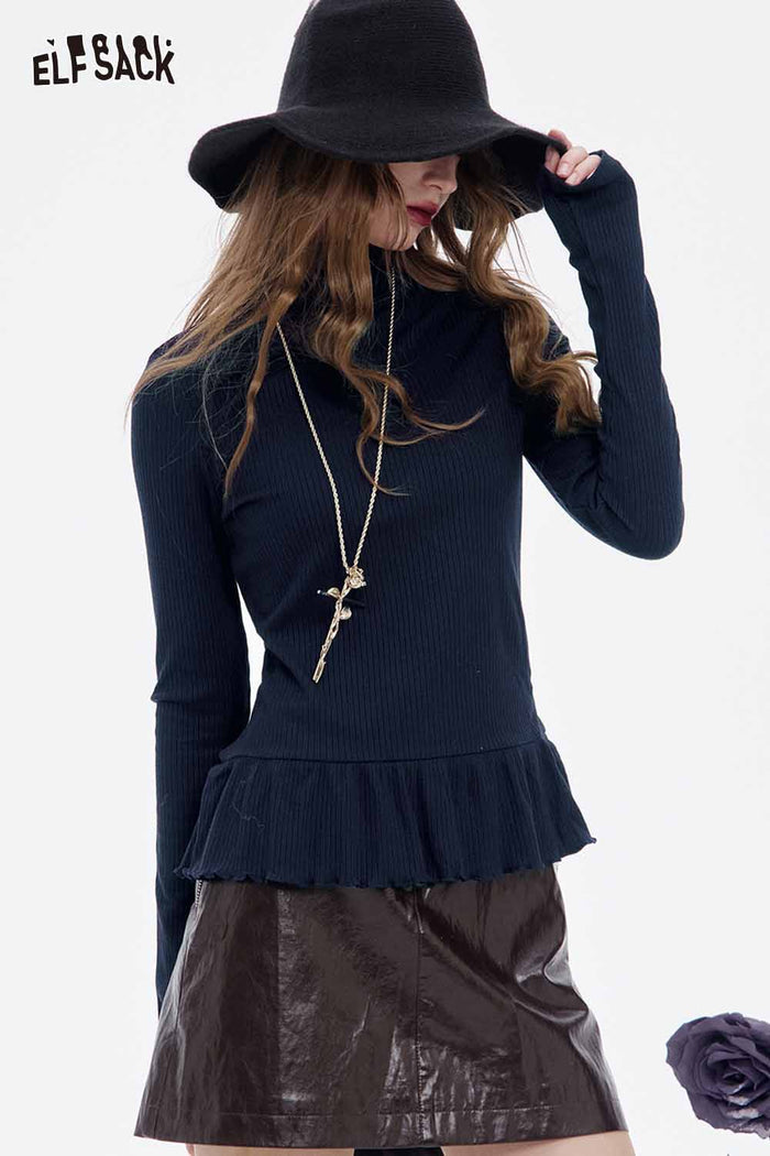 ELFSACK Soft Solid High Neck Asymmetric Flounce Hem Long Sleeve Tshirt