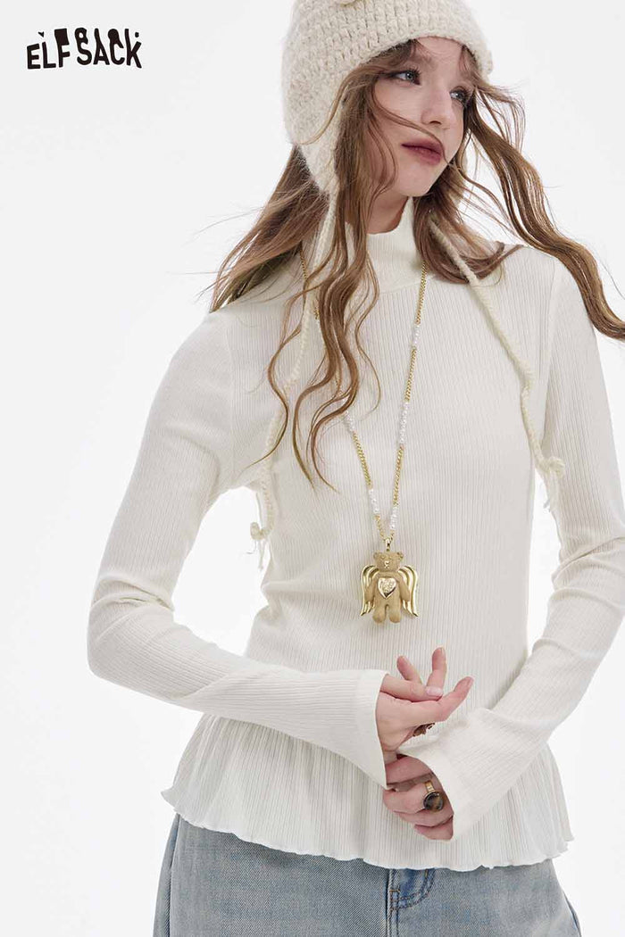 ELFSACK Soft Solid High Neck Asymmetric Flounce Hem Long Sleeve Tshirt