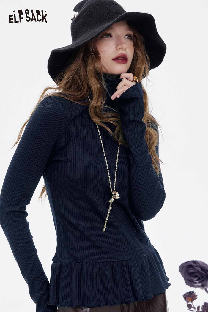 ELFSACK Soft Solid High Neck Asymmetric Flounce Hem Long Sleeve Tshirt