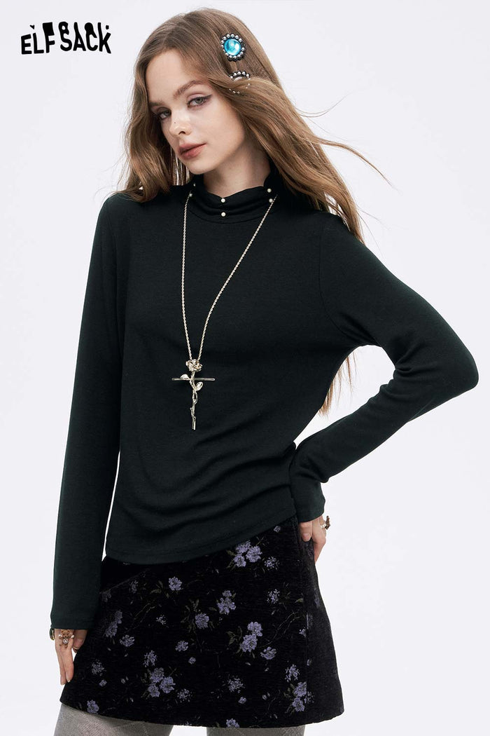 ELFSACK Soft Solid High Neck Pearl Fit Long Sleeve Tshirt
