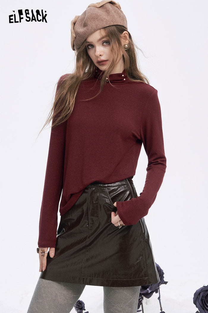 ELFSACK Soft Solid High Neck Pearl Fit Long Sleeve Tshirt