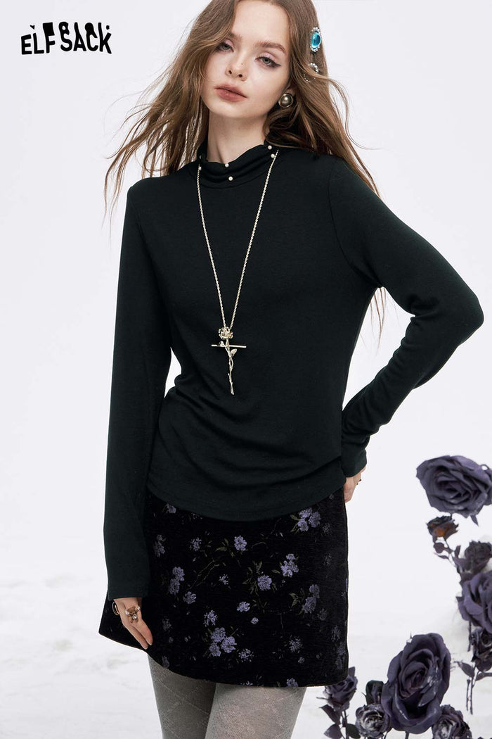ELFSACK Soft Solid High Neck Pearl Fit Long Sleeve Tshirt