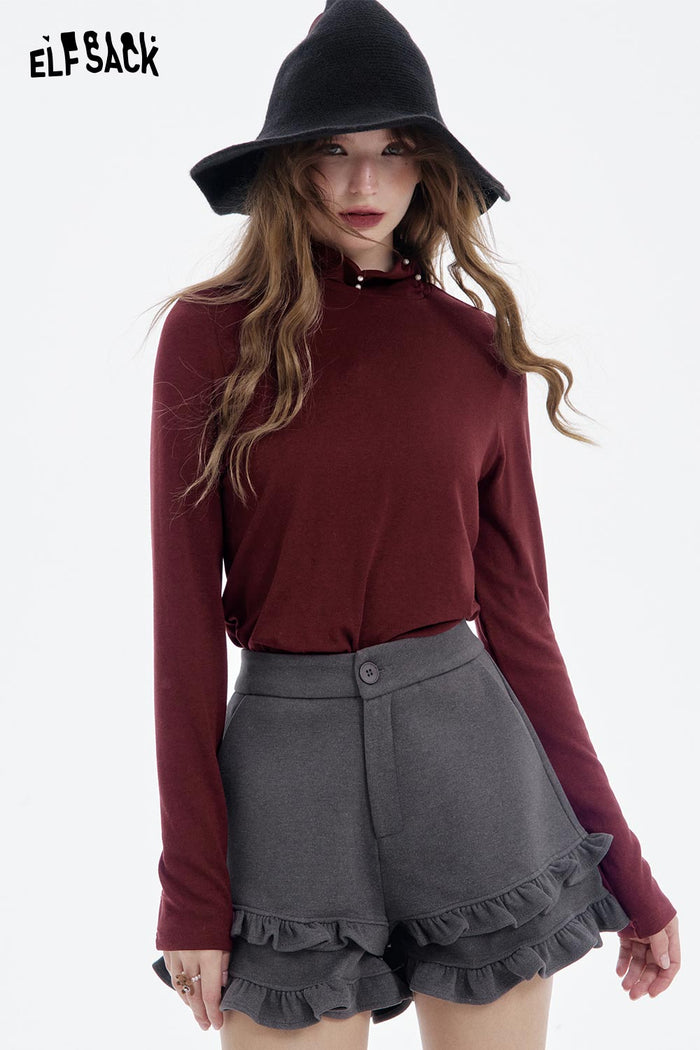 ELFSACK Soft Solid High Neck Pearl Fit Long Sleeve Tshirt