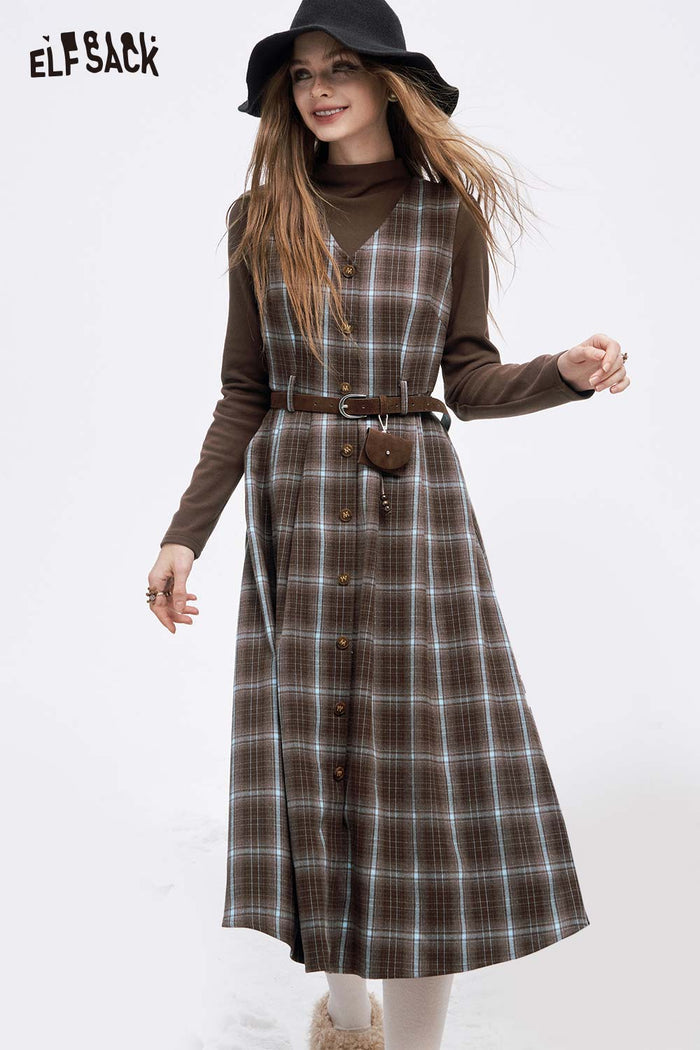 ELFSACK Soft Solid Inner Wear Plaid Button Sleeveless Long Dress Set