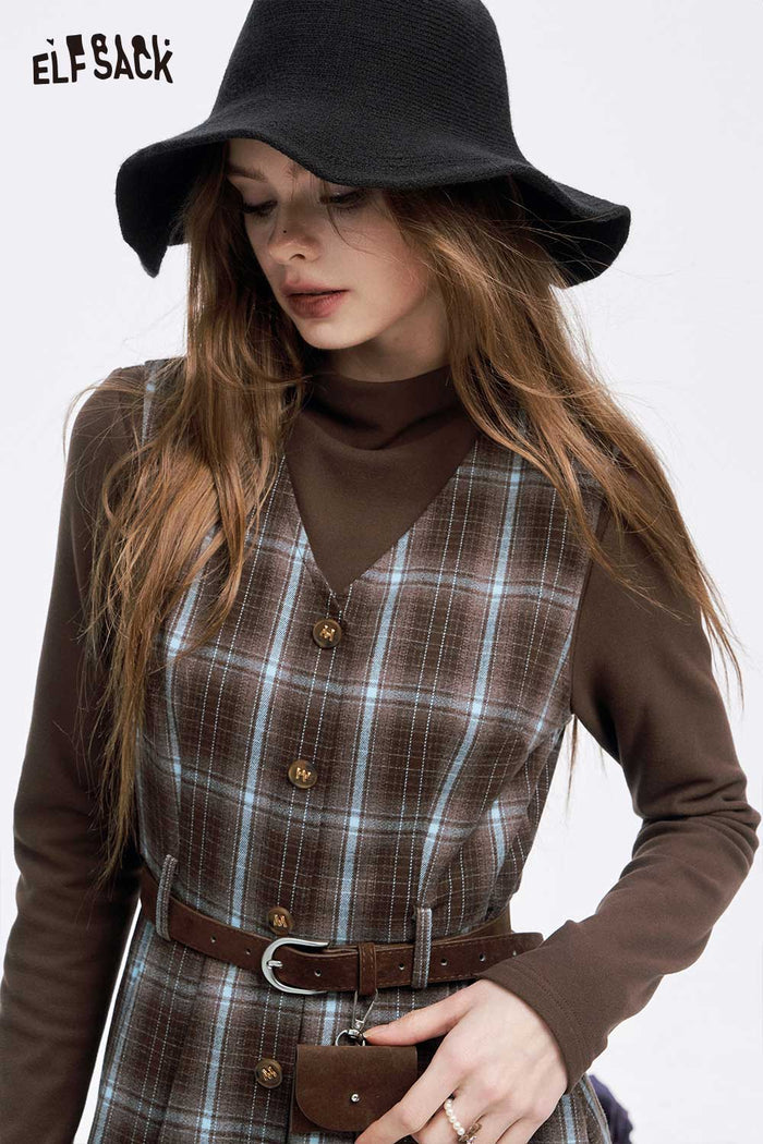 ELFSACK Soft Solid Inner Wear Plaid Button Sleeveless Long Dress Set