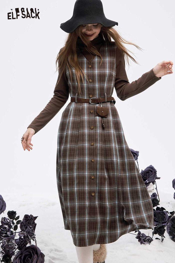 ELFSACK Soft Solid Inner Wear Plaid Button Sleeveless Long Dress Set