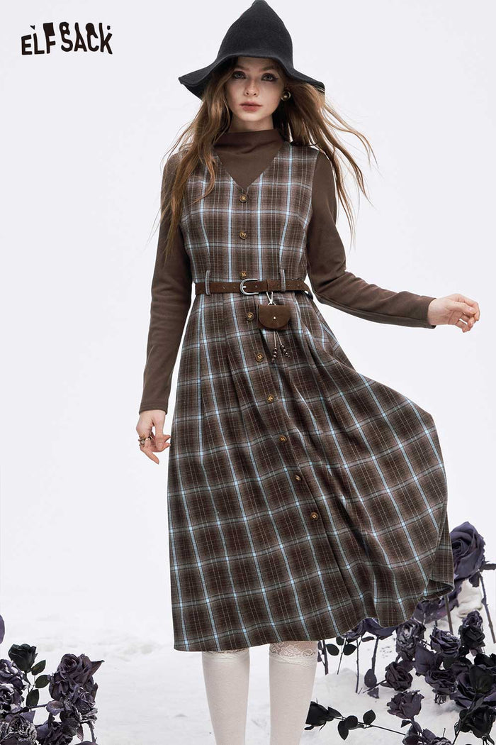 ELFSACK Soft Solid Inner Wear Plaid Button Sleeveless Long Dress Set