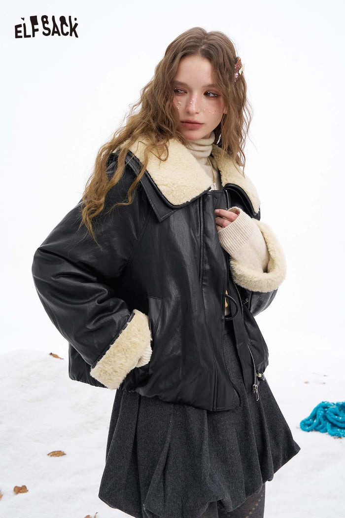 ELFSACK Soft Solid Plush Lapel Plush Cuff Faux Leather Jacket