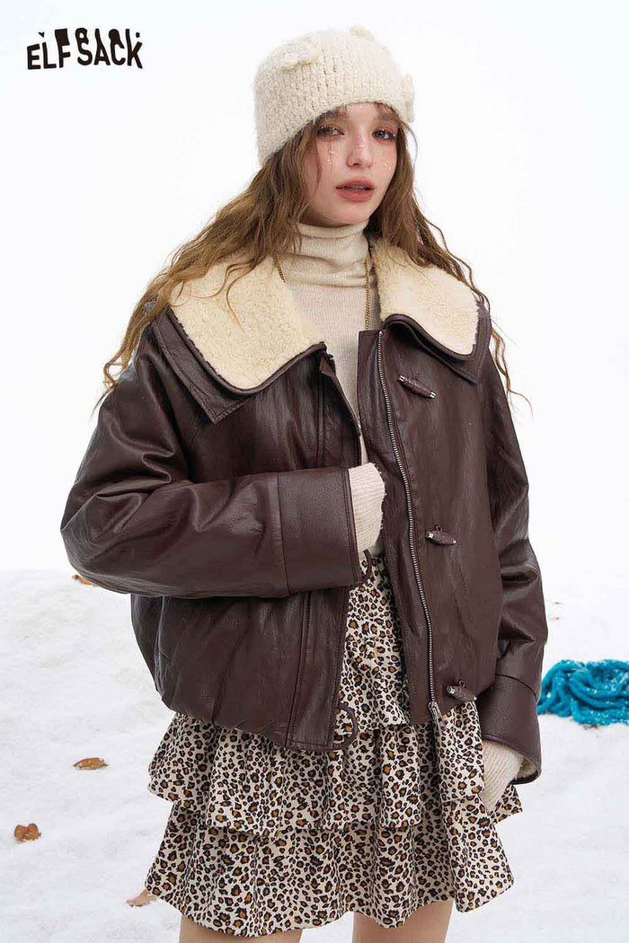 ELFSACK Soft Solid Plush Lapel Plush Cuff Faux Leather Jacket