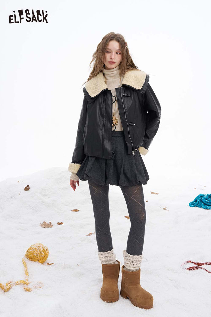 ELFSACK Soft Solid Plush Lapel Plush Cuff Faux Leather Jacket