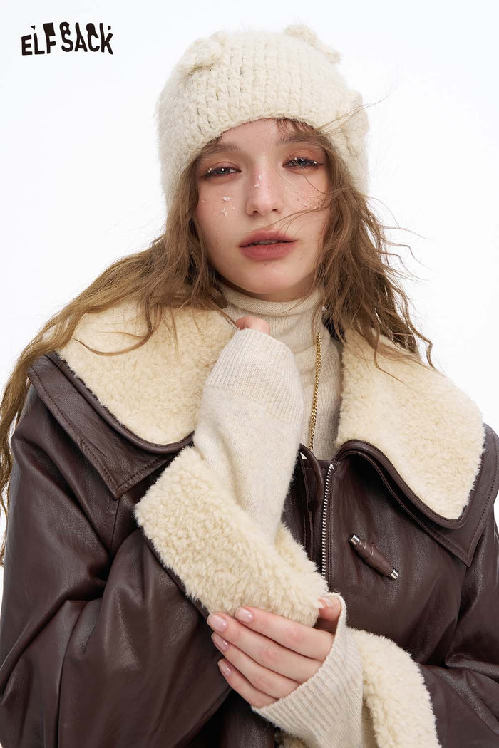 ELFSACK Soft Solid Plush Lapel Plush Cuff Faux Leather Jacket