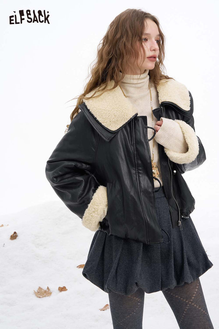 ELFSACK Soft Solid Plush Lapel Plush Cuff Faux Leather Jacket