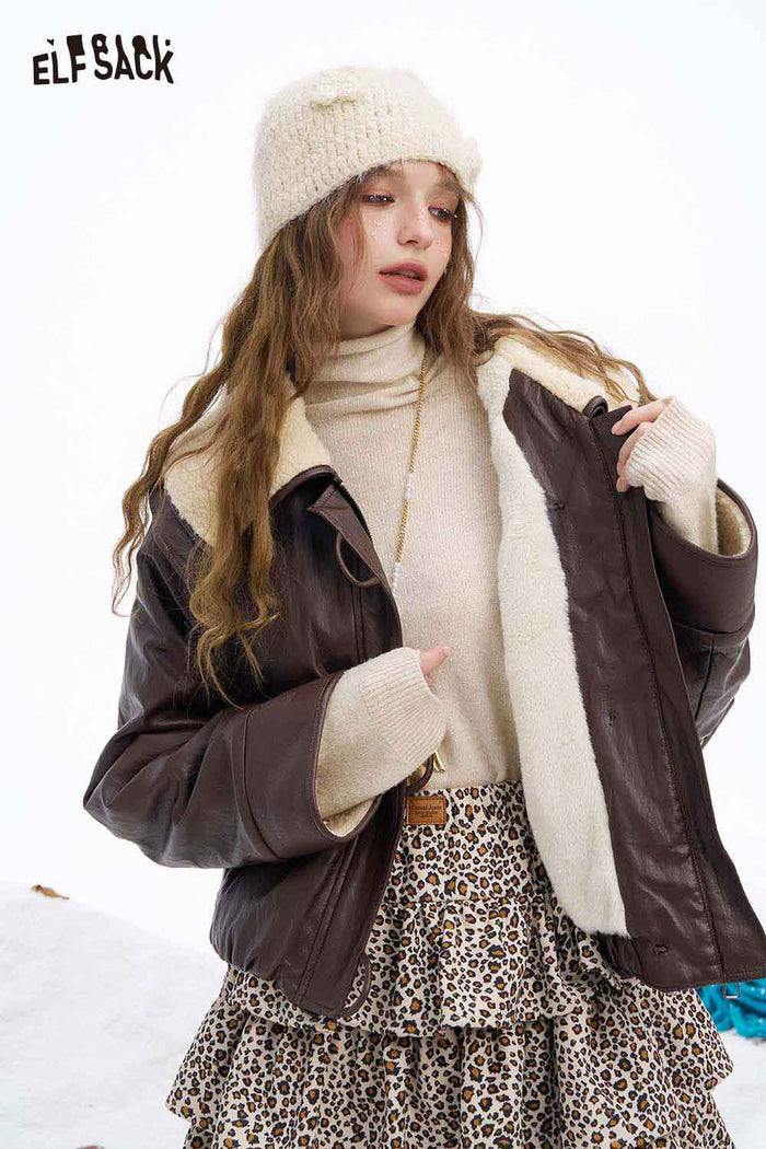 ELFSACK Soft Solid Plush Lapel Plush Cuff Faux Leather Jacket